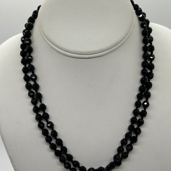 Jewelry - Vintage Glass Beaded Necklace Black Handknotted With Gold-Tone Oval Clasp 1950 -